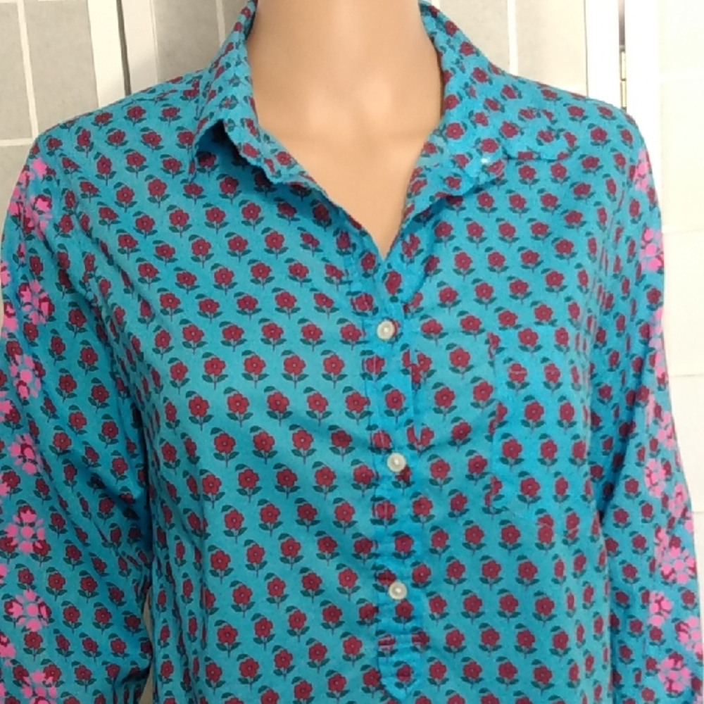 J. Crew Re-imagined Blue Button-up Floral Shirt with Pink Floral Accents WMNS -M - Picture 2 of 15